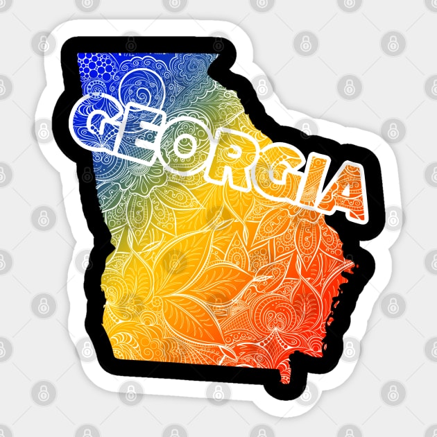 Colorful mandala art map of Georgia with text in blue, yellow, and red Sticker by Happy Citizen